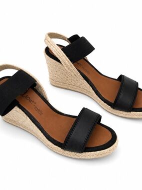 Black Espadrille Wedge Sandals with Ankle Strap - Women